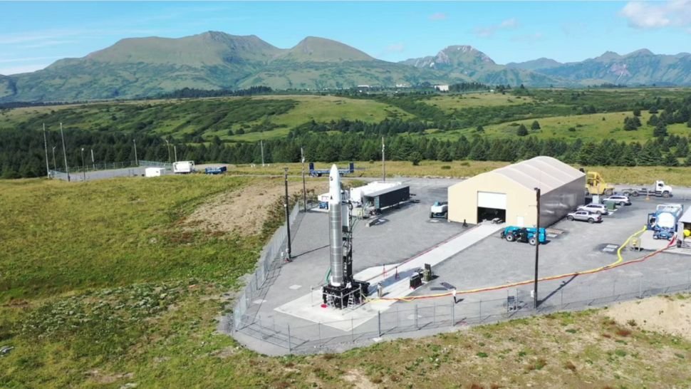 Small satellite launch company Astra's Rocket 3.3 booster stands atop a pad at the Pacific Spaceport Complex on Kodiak Island, Alaska ahead of an attempted launch on Aug. 27, 2021. The rocket aborted the launch at the last second. (Image credit: Astra)