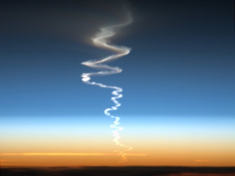 The launch plume from a test missile, photographed on 10 October 2013 by astronaut Luca Parmitano, diffuses into the middle and upper atmosphere during the first several minutes after launch. As the number of rocket launches increases in the future, rocket engine emissions will increase proportionally. Credit: © European Space Agency/NASA