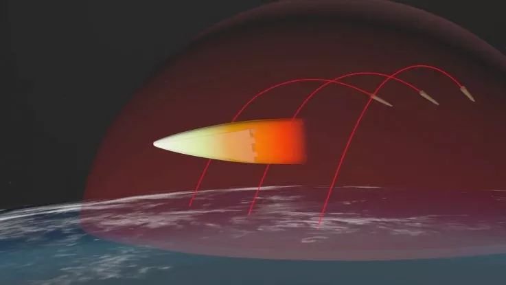 A simulation presented by the Russian military depicts the flight of the Avangard hypersonic boost-glide vehicle evading interceptors