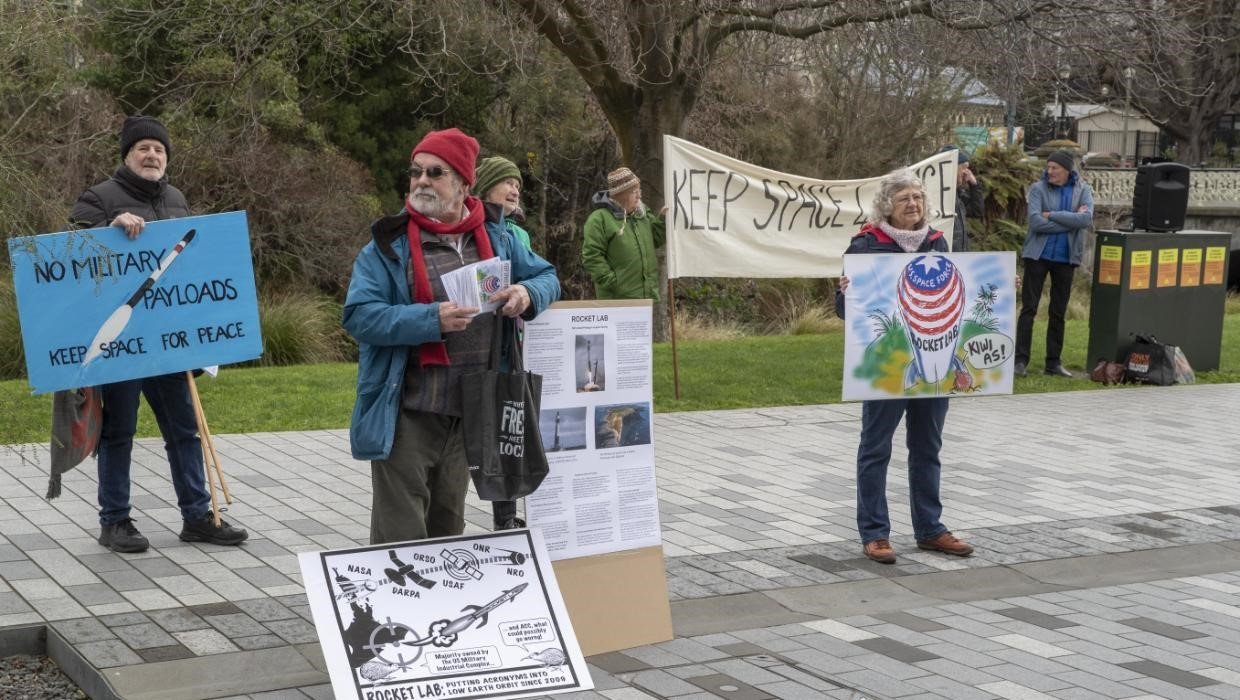 Protesters outside the 2022 Rocket Lab conference at Te Pae Convention Centre in Christchurch. Peter Meecham / The Press
