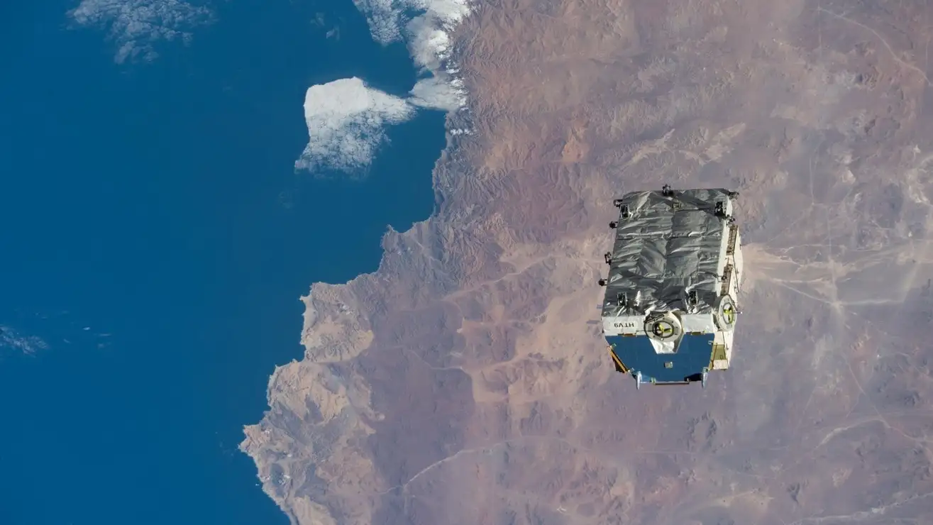 The cargo pallet after being tossed by the by the Canadarm2 robotic arm in 2021.Photo: NASA